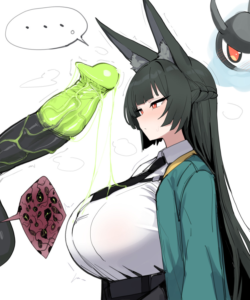 ... 1girl 1other absurdres animal_ear_fluff animal_ears black_hair black_necktie blunt_bangs blush breasts closed_mouth cum dress_shirt ethereal_(zenless_zone_zero) fox_ears fox_girl green_jacket green_penis highres hoshimi_miyabi huge_breasts interspecies jacket long_hair looking_ahead looking_at_penis monster necktie penis red_eyes shirt sidelocks simple_background solo_focus sperm_cell sweatdrop uncensored upper_body white_background white_shirt xipa zenless_zone_zero