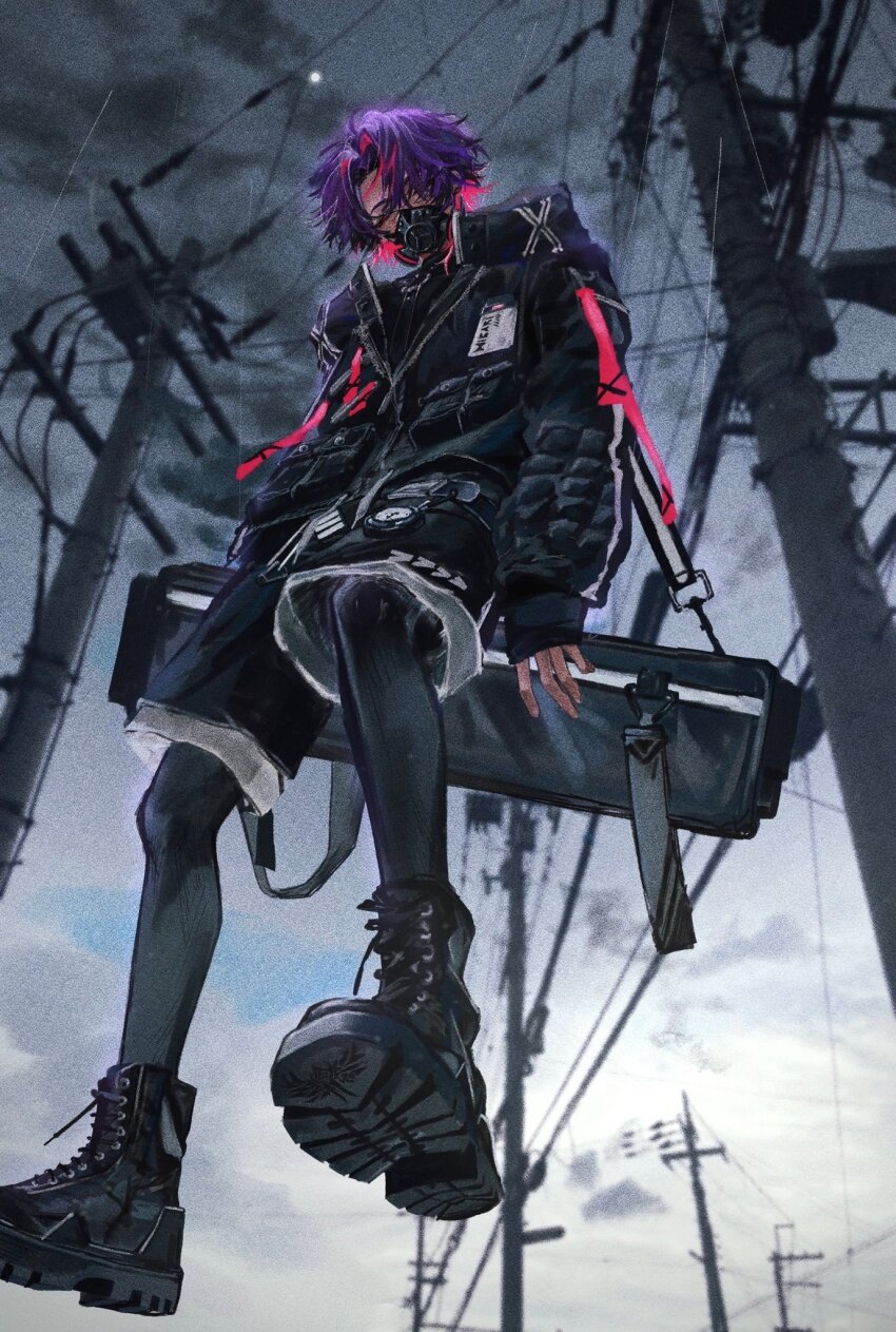 1boy ^_^ alternate_costume bag black_bag black_boots black_jacket black_pantyhose black_shirt black_shorts blurry blurry_background boots closed_eyes cloud colored_inner_hair cyberpunk duffel_bag floating from_below full_moon gas_mask highres hood hood_down jacket male_focus mask moon multicolored_hair nijisanji outdoors overcast pantyhose pantyhose_under_shorts parted_bangs pink_hair power_lines purple_hair rain shirt short_hair shorts sitting sky sleeves_past_wrists solo static two-tone_hair umirou utility_pole virtual_youtuber watarai_hibari