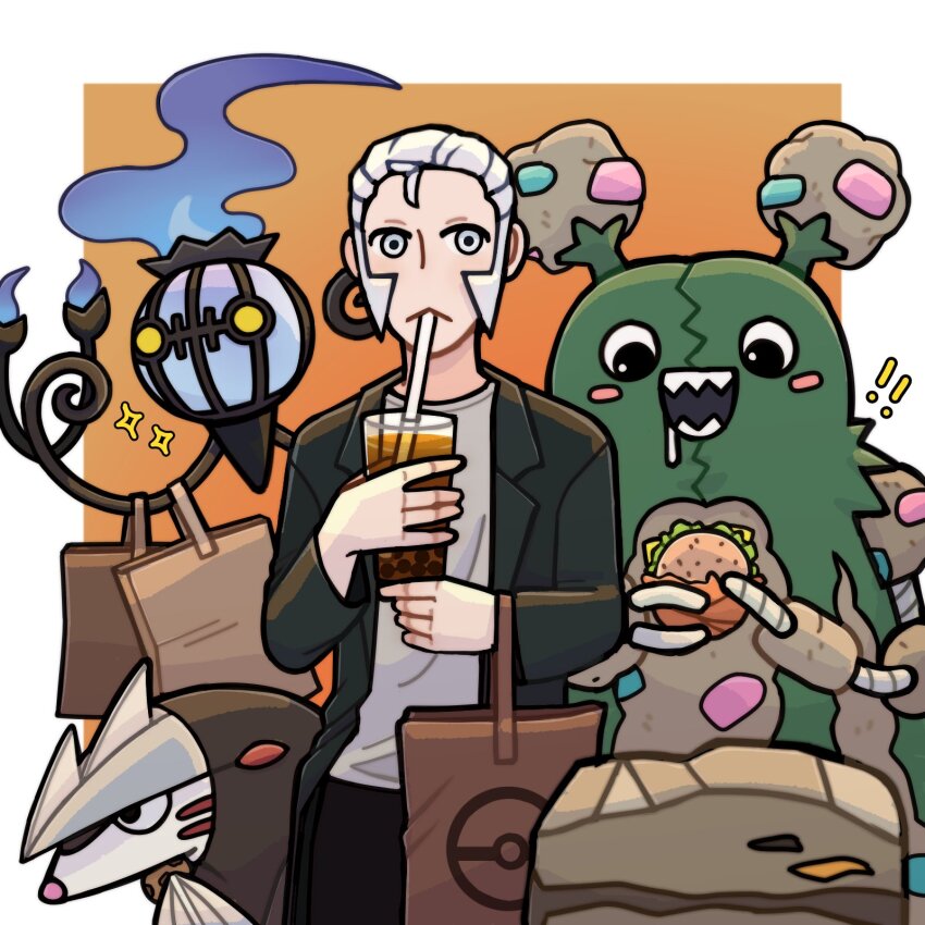! 1boy bag black_eyes black_jacket black_pants bubble_tea burger chandelier chandelure closed_mouth cookie crustle cup disposable_cup drink drinking_straw drinking_straw_in_mouth drooling eating excadrill fangs fire food garbodor gen_5_pokemon gradient_background grey_eyes grey_hair highres holding holding_burger holding_food ingo_(pokemon) jacket male_focus mole_(animal) mouth_drool nintendo oleanteris open_mouth orange_background pants pokemon pokemon_(creature) pokemon_bw purple_fire rock saliva shirt shopping_bag short_hair sideburns sparkle trash trash_bag white_shirt yellow_eyes
