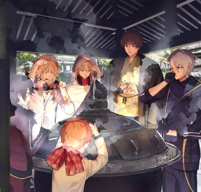 10s 6+boys aqua_eyes black_gloves black_hair blonde_hair blue_eyes brown_eyes brown_hair earrings gloves hakata_toushirou highres hood horikawa_kunihiro ishikirimaru japanese_clothes jewelry jun_(nad-j) male_focus multiple_boys nansen_ichimonji one_eye_closed open_mouth paw_pose scarf silver_hair smile snow steam stud_earrings touken_ranbu track_suit winter yamanbagiri_chougi yamanbagiri_kunihiro yellow_eyes