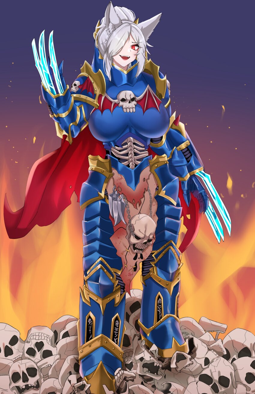 1girl absurdres animal_ear_fluff animal_ears armor breastplate breasts broken_skull chain claws discordia_(vtuber) fire flayed_skin fox_ears fox_girl gold_trim grey_hair hair_over_one_eye highres hip_armor indie_virtual_youtuber leg_armor night_lords open_mouth pile_of_skulls red_eyes second-party_source skull skull_ornament solo teeth upper_teeth_only virtual_youtuber warhammer_40k yobi_(ybpac18)