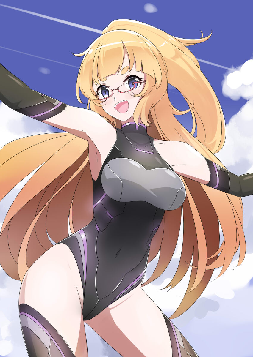 1girl absurdres armpits bare_shoulders blonde_hair blue_eyes boots breasts cosplay dolphin_wave elbow_gloves framed_breasts glasses gloves highleg highleg_leotard highres kazami_uniform large_breasts leotard long_hair looking_at_viewer miranda_(sudhiro_sappurisa) neon_trim open_mouth original sleeveless sudhiro_sappurisa thigh_boots thighs turtleneck