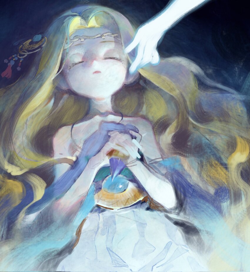 1girl 1other bare_shoulders blonde_hair closed_eyes cygnus_(maplestory) dress flat_chest hair_ornament highres kaede_(shijie_heping) long_hair lying maplestory on_back solo_focus upper_body very_long_hair