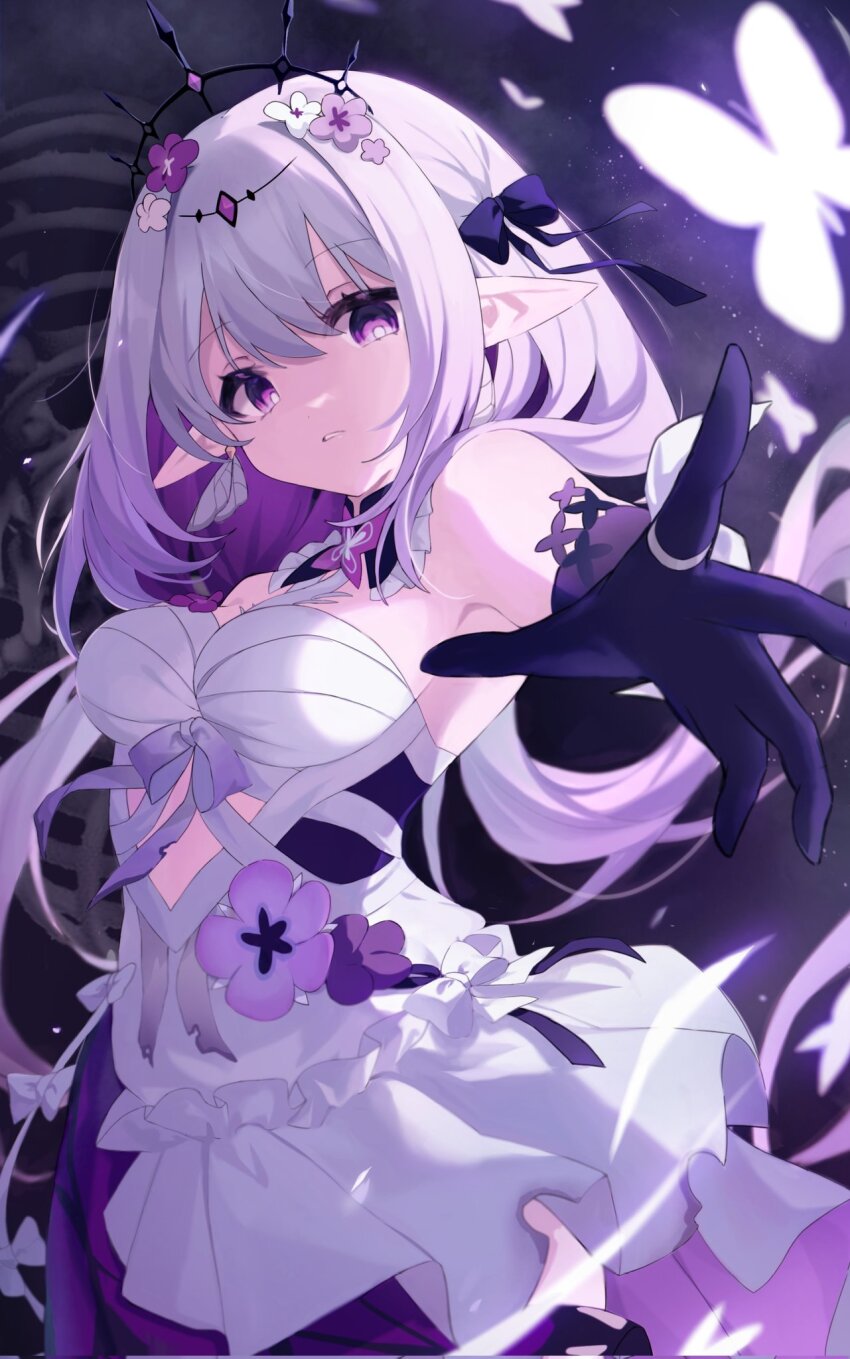1girl armpits bare_shoulders black_background black_ribbon black_tiara breasts bug butterfly butterfly_earrings castorice_(honkai:_star_rail) clothing_cutout commentary cowboy_shot cutout_above_navel detached_collar dress earrings elbow_gloves floating_hair flower foreshortening frilled_dress frilled_shirt_collar frills gloves glowing_butterfly hair_between_eyes hair_flower hair_ornament hair_ribbon highres honkai:_star_rail honkai_(series) imro_0000 insect jewelry korean_commentary light_particles long_hair looking_at_viewer low_twintails medium_breasts open_hand parted_lips pointy_ears purple_eyes purple_flower purple_gloves purple_hair purple_ribbon purple_theme reaching reaching_towards_viewer ribbon ring serious short_dress sidelighting single_sidelock solo spread_fingers standing strapless strapless_dress tiara torn_clothes torn_dress twintails very_long_hair white_butterfly white_dress white_flower