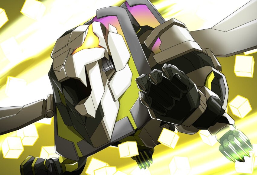 animal_hands armor black_armor flying flying_animal glowing glowing_eyes kamen_rider kamen_rider_geats_(series) kamen_rider_kyuun lion manticore_(mythology) mechanical_wings miyabi_(037) no_humans open_mouth science_fiction white_armor white_wings wings yellow_armor yellow_background yellow_eyes