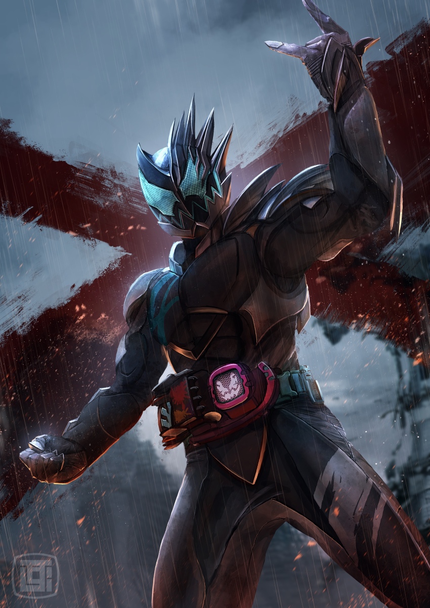 1boy absurdres clenched_hand grey_sky highres kamen_rider kamen_rider_jack_revice kamen_rider_revi kamen_rider_revice kozsen_810290 m/ male_focus paint_splatter rain rider_belt signature sky