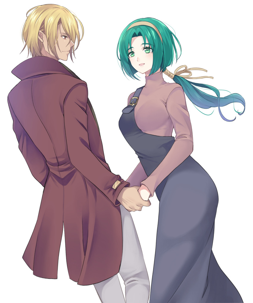 1boy 1girl akimoto_komachi asymmetrical_dress black_dress blonde_hair blush brown_coat brown_eyes brown_hairband brown_shirt coat dark-skinned_male dark_skin dress green_eyes green_hair grey_pants hairband highres holding_hands kibou_no_chikara_otona_precure_&#039;23 long_sleeves low_ponytail natsu_(yes!_precure_5) nuts_(yes!_precure_5) open_mouth pants ponytail precure shirt short_hair yes!_precure_5 yes!_precure_5_gogo! yukinonanami