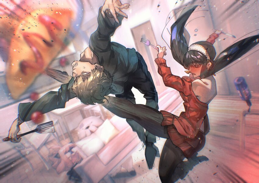 1boy 2girls anya_(spy_x_family) bare_shoulders battle black_hair black_pantyhose black_shoes blonde_hair blush bond_(spy_x_family) bottle child clenched_teeth couch dog dress drunk earrings full_body furrowed_brow gold_earrings hair_between_eyes hairband hairpods holding holding_spatula indoors jacket jewelry kicking korokoro_daigorou long_hair multiple_girls off-shoulder_dress off_shoulder open_mouth pantyhose pink_hair red_dress shaded_face shoes short_hair sidelocks spatula spy_x_family suit_jacket sweatdrop teeth twilight_(spy_x_family) updo white_hairband wide-eyed yor_briar