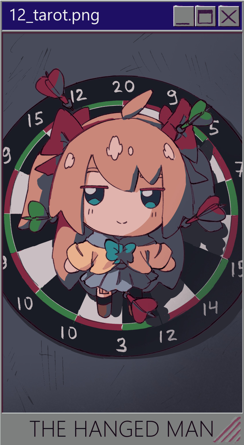 1girl absurdres ahoge black_socks black_thighhighs blue_bow blue_bowtie blue_eyes blue_sailor_collar blue_skirt blush bow bowtie brown_hair brown_shoes card_(medium) cardigan closed_mouth dart dartboard fumo_(doll) highres indie_virtual_youtuber long_hair long_sleeves microsoft_windows neuro-sama non-web_source pasharuu red_bow sailor_collar shoes skirt smile socks solo tarot tarot_(medium) the_hanged_man_(tarot) thighhighs two_side_up virtual_youtuber window_(computing) windows_95 windows_classic yellow_cardigan