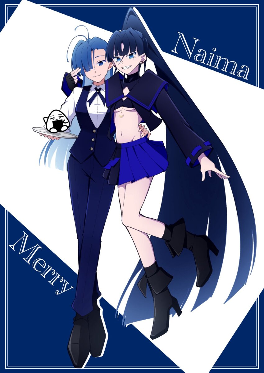 2girls absurdly_long_hair ado_(utaite) ahoge bikini black_bikini black_boots black_gloves black_hair black_shirt black_shoes blue_eyes blue_hair blue_pants blue_ribbon blue_skirt blue_vest boots breasts character_name commentary_request finger_gun gloves hair_between_eyes hand_on_another&#039;s_waist highres long_hair long_hair_between_eyes merry_(ado) multiple_girls naima_(ado) navel neck_ribbon nori_(norinori_yrl) open_clothes open_shirt pants pleated_skirt readymade_(ado) ribbon shirt shoes skirt stomach swimsuit underboob usseewa very_long_hair vest white_shirt