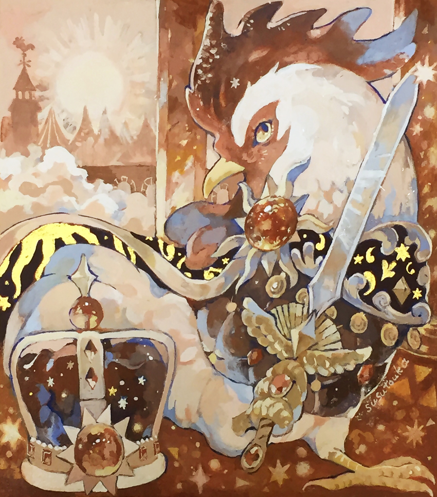 acrylic_paint_(medium) animal animal_focus artist_name bird black_eyes cape chicken closed_mouth clothed_animal cloud colored_sclera crest crown crystal holding_with_feet full_body gem highres holding holding_sword holding_weapon jewelry leg_up looking_up mountain no_humans original outdoors painting_(medium) red_gemstone red_theme ring rooster signature standing standing_on_one_leg star_(symbol) sun sunrise susutouka sword traditional_media weapon weather_vane yellow_sclera