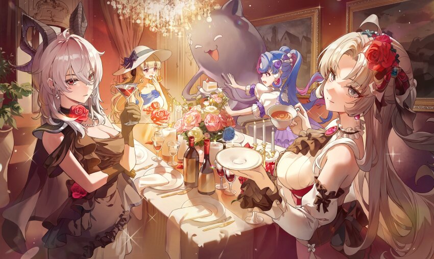 4girls absurdres ahoge alternate_costume arm_under_breasts ascot bare_shoulders bead_necklace beads black_ascot black_dress black_gloves black_horns black_jacket bottle breasts cake cake_slice candlestand carlotta_(wuthering_waves) chandelier closed_mouth collarbone commentary cup curled_horns dasha detached_sleeves dress drinking_glass earrings english_commentary flower food fork gloves grey_hair hair_between_eyes hair_flower hair_ornament hand_up hat highres holding holding_cup horns indoors jacket jacket_on_shoulders jewelry large_breasts laughing long_hair looking_at_viewer multiple_girls necklace open_mouth parted_bangs pero_(wuthering_waves) phoebe_(wuthering_waves) picture_frame pink_skirt plate purple_eyes purple_hair red_eyes red_flower red_rose revision roccia_(wuthering_waves) rose skirt smile teacup utensil vase white_dress white_hat wuthering_waves zani_(wuthering_waves)