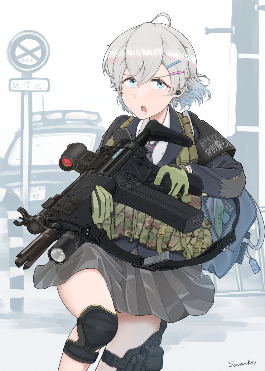 1girl absurdres ahoge ammunition_pouch artist_name assault_rifle backpack bag blazer blue_eyes book earpiece finger_on_trigger flashlight gloves gun gun_sling hair_ornament hairclip heckler_&amp;_koch highres hk53 holding holding_gun holding_weapon jacket knee_pads necktie open_mouth original pouch radio red_dot_sight rifle road_sign savankov school_uniform short_hair sign skirt teeth tongue unzipped vehicle weapon white_hair