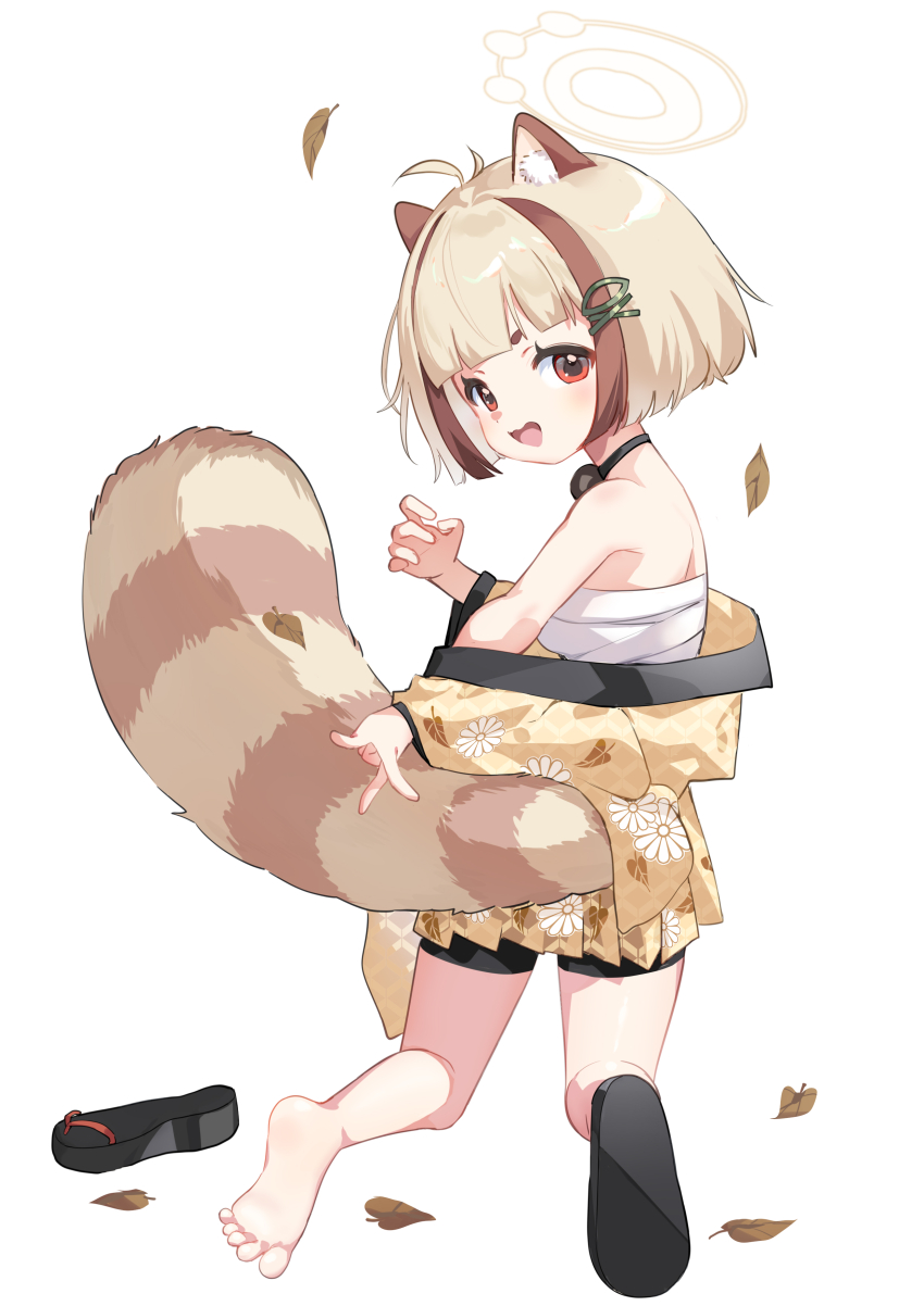 1girl absurdres animal_ears arata_(blue_archive) bare_shoulders barefoot blonde_hair blue_archive bowl_cut from_behind halo heizhouzi_(nankyoko) highres japanese_clothes kimono kneeling leaf looking_back raccoon_ears raccoon_girl raccoon_tail sandals tail unworn_sandals yellow_halo yellow_kimono