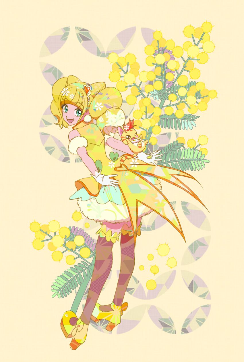 1girl :d ankle_bow ankle_ribbon aqua_skirt blonde_hair blunt_bangs bow brown_thighhighs bubble_skirt cone_hair_bun creature cure_sparkle double_bun earrings fern flower from_behind full_body gloves green_eyes hair_bun hair_ornament healin&#039;_good_precure healing_animal heart heart_hair_ornament high_heels highres hiramitsu_hinata jewelry looking_at_viewer looking_back magical_girl nyatoran_(precure) open_mouth over-kneehighs petticoat pom_pom_(clothes) pom_pom_earrings precure ribbon shoes short_hair simple_background skirt smile solo strawberrylove2525 thighhighs tiger white_gloves yellow_background yellow_bow yellow_flower yellow_shoes yellow_theme