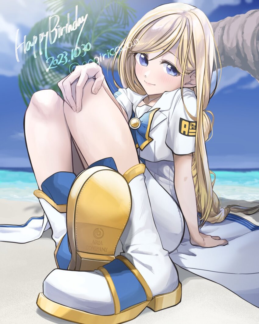 1girl alicia_florence aogirism aria_(manga) aria_company_uniform arm_support beach blue_bow blue_bowtie blue_eyes blue_footwear blue_sky blurry blurry_background bow bowtie braid braided_ponytail closed_mouth cloud cloudy_sky dated day dress eyelashes footwear_focus foreshortening full_body gold_trim happy_birthday highres knees_up legs_together long_hair on_ground outdoors palm_tree parted_bangs sailor_collar short_sleeves sitting sky smile solo swept_bangs tree twitter_username very_long_hair white_dress white_footwear