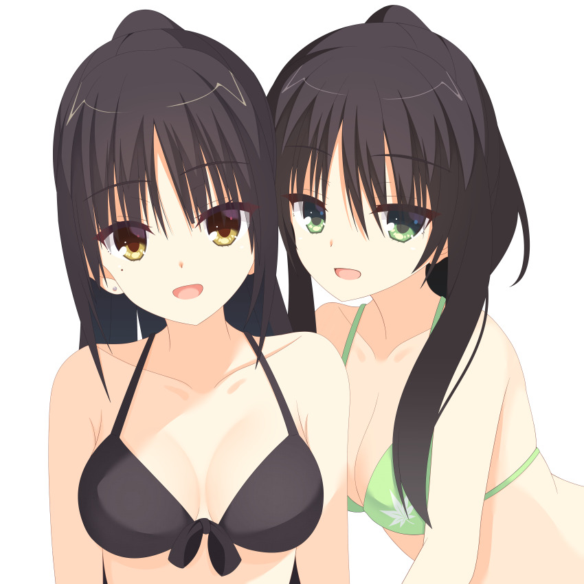 2girls :d absurdres alternate_hairstyle bikini black_bikini black_hair breasts breasts_apart cafe_stella_to_shinigami_no_chou cleavage collarbone commentary crossover earrings eyelashes front-tie_bikini_top front-tie_top green_bikini green_eyes halterneck happy highres hitachi_mako jewelry kaon_zz large_breasts leaf_print long_hair looking_at_viewer maple_leaf_print mole mole_under_eye multiple_crossover multiple_girls open_mouth paid_reward_available parted_bangs ponytail senren_banka shiki_natsume sidelocks simple_background skindentation smile straight_hair stud_earrings swimsuit tsurime upper_body white_background yellow_eyes yuzu-soft
