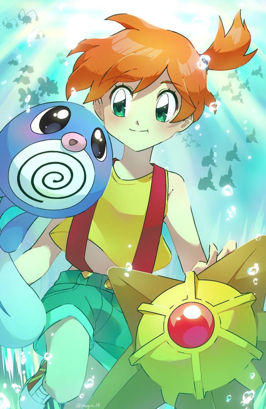 1girl asymmetrical_hair bare_arms bare_shoulders blush bubble cowboy_shot denim denim_shorts gen_1_pokemon gen_2_pokemon green_eyes gym_leader highres kiichi0_0 looking_at_viewer misty_(pokemon) nintendo orange_hair pokemon pokemon_(anime) pokemon_(classic_anime) poliwag ponytail shirt short_hair short_shorts shorts side_ponytail smile staryu underwater water
