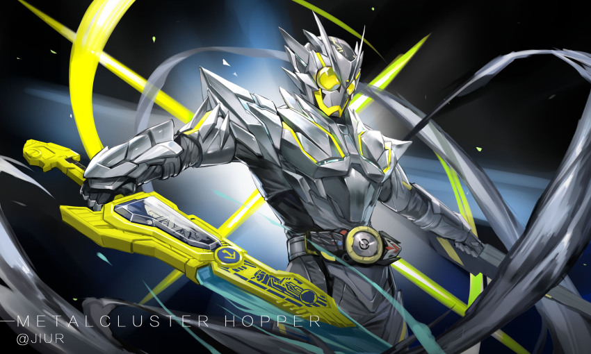 1boy armor attache_calibur belt bug commentary_request dual_wielding grasshopper green_eyes helmet highres holding insect jiuri_jiuhao kamen_rider kamen_rider_01_(series) kamen_rider_zero-one male_focus metalcluster_hopper power_armor progrise_key silver_bodysuit solo sword tokusatsu weapon zero_one_driver
