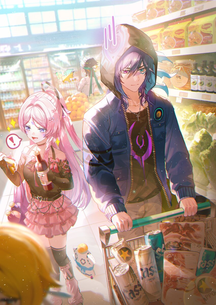! 2boys 2girls absurdres ajaw_(genshin_impact) alternate_costume alternate_hairstyle bare_shoulders beer_can belt black_belt black_hood black_shirt black_thighhighs blue_eyes blue_jacket bottle breasts can citlali_(genshin_impact) closed_mouth collarbone commentary contemporary cross cross_necklace drink_can english_commentary excited facial_mark forehead_mark genshin_impact gradient_hair grey_pants grocery_store hair_between_eyes hair_intakes hair_ornament headgear heterochromia highres holding holding_bottle hood hooded_jacket indoors isobe47 jacket jewelry kinich_(genshin_impact) light_blush long_hair long_sleeves looking_down lumine_(genshin_impact) medium_breasts multicolored_hair multiple_boys multiple_girls necklace open_mouth ororon_(genshin_impact) pants pink_hair pink_skirt pink_socks purple_eyes shirt shopping shopping_cart skirt sleeves_past_wrists smile socks sparkle spoken_exclamation_mark sweatdrop thighhighs thighs triangle triangle_facial_mark