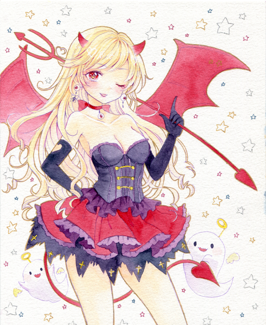 1girl absurdres amu_(m_aa) black_corset black_gloves blonde_hair breasts choker corset demon_costume demon_horns demon_tail eyeball_earrings ghost gloves halo highres holding_polearm horns layered_skirt long_hair looking_at_viewer marker_(medium) one_eye_closed original painting_(medium) polearm red_choker red_eyes red_wings skirt solo star_(symbol) tail traditional_halo traditional_media trident watercolor_(medium) weapon wings