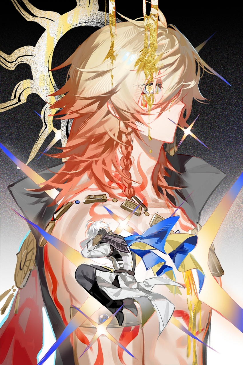 2boys antenna_hair arm_tattoo back_tattoo black_coat black_gloves black_pants black_shirt blonde_hair blue_cape braid cape chest_tattoo coat dripping facial_tattoo fingerless_gloves gloves gold_necklace gradient_hair hair_between_eyes highres honkai:_star_rail honkai_(series) jewelry liquid_gold looking_at_viewer male_focus medium_hair multicolored_hair multiple_boys mydei_(honkai:_star_rail) necklace no_mouth open_clothes open_coat pants phainon_(honkai:_star_rail) red_cape red_hair red_tattoo shirt short_hair side_braid side_cape suirandanshihao tattoo toned toned_male white_coat white_hair yellow_eyes