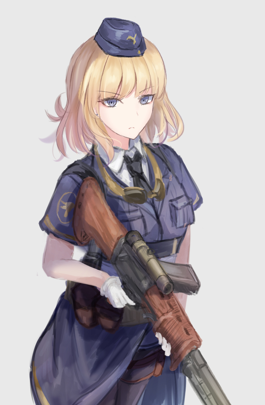 1girl absurdres battle_rifle black_necktie black_pantyhose blonde_hair blue_eyes blue_hat blue_jacket blue_skirt closed_mouth commentary fg42_(girls&#039;_frontline) fg_42 girls&#039;_frontline gloves goggles goggles_around_neck gun hat highres holding holding_gun holding_weapon jacket light_frown looking_at_viewer martinreaction medium_hair military military_uniform necktie pantyhose rifle scope shirt short_sleeves simple_background skirt solo v-shaped_eyebrows weapon white_background white_gloves white_shirt