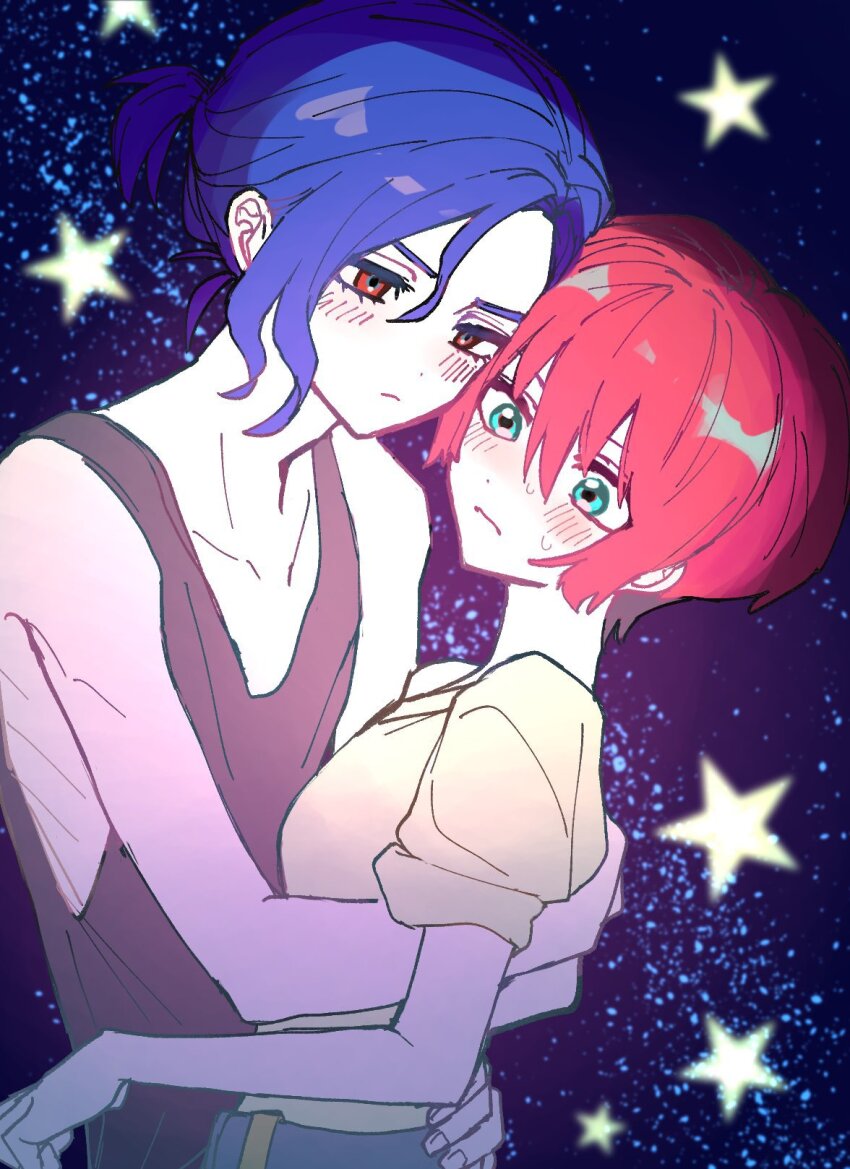 1boy 1girl amate_yuzuriha black_tank_top blue_eyes blue_hair blush breasts chinese_commentary commentary_request gundam gundam_gquuuuuux hair_between_eyes hetero highres hug ponytail red_eyes red_hair shirt short_hair short_ponytail short_sleeves shuji_ito star_(sky) star_(symbol) sweat tank_top upper_body yellow_shirt ymmmkome
