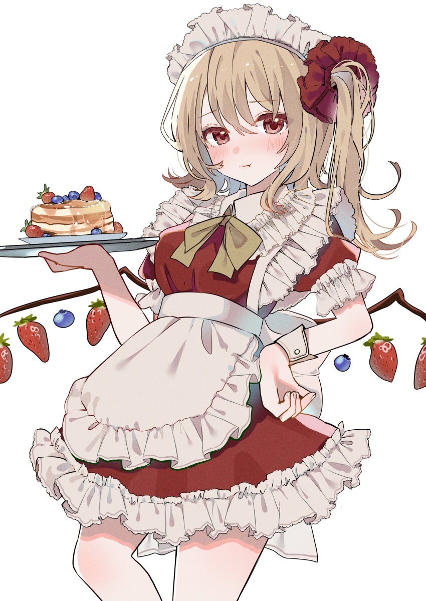 1girl :t absurdres alternate_costume alternate_wings apron blonde_hair blueberry blush bow bowtie commentary cowboy_shot dress enmaided flandre_scarlet food frilled_shirt_collar frilled_sleeves frills fruit hair_ornament hair_scrunchie heart highres holding holding_tray looking_at_viewer maid maid_headdress medium_hair one_side_up pancake pancake_stack puffy_short_sleeves puffy_sleeves red_dress red_eyes red_scrunchie scrunchie short_sleeves simple_background solo strawberry tamagogayu1998 touhou tray waist_apron white_apron white_background wings wrist_cuffs yellow_bow yellow_bowtie