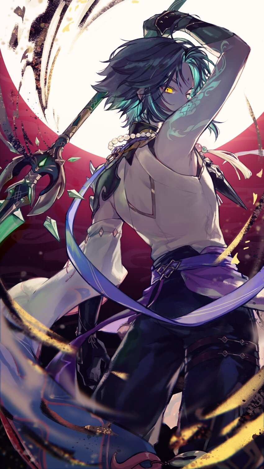 1boy absurdres ahoge aqua_hair arm_tattoo arm_up asymmetrical_gloves back_cutout bead_necklace beads black_background black_gloves blue_pants blurry blurry_foreground cape clothing_cutout commentary_request detached_sleeves facial_mark forehead_mark from_behind genshin_impact gloves glowing glowing_eyes glowing_tattoo gradient_background green_gloves green_hair highres holding holding_polearm holding_weapon jewelry looking_at_viewer looking_back male_focus mismatched_gloves multicolored_hair necklace pants parted_bangs polearm pon2oo primordial_jade_winged-spear_(genshin_impact) purple_cape purple_ribbon red_background ribbon shirt short_hair shoulder_spikes sidelocks single_detached_sleeve slashing sleeveless sleeveless_shirt solo spikes standing streaked_hair sun tassel tattoo thigh_strap v-shaped_eyebrows weapon white_shirt wide_sleeves xiao_(genshin_impact) yellow_eyes