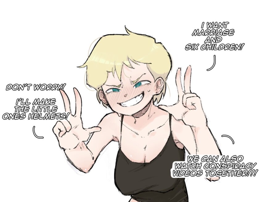 1girl aqua_eyes black_camisole blonde_hair blush breasts c&#039;venash_vishneri camisole cleavage collarbone english_text grin large_breasts psychopomp_(game) smile solo sweat upper_body zlix0n