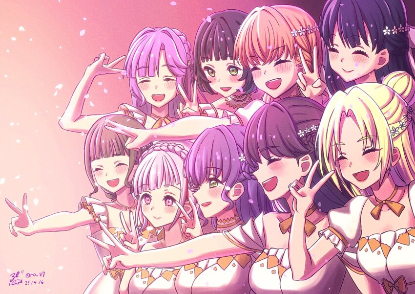 6+girls anyoji_hime arm_up black_hair blue_hair blunt_bangs blush bob_cut braid breasts brown_hair closed_mouth collarbone commentary_request crown_braid dated dress flower flower-shaped_hair frilled_dress frills fujishima_megumi green_eyes hair_bun hair_flower hair_intakes hair_ornament half_updo highres hinoshita_kaho itsudemo_itsumademo_(love_live!) kachimachi_kosuzu large_breasts link!_like!_love_live! long_hair love_live! medium_breasts medium_hair momose_ginko multicolored_hair multiple_girls murano_sayaka off-shoulder_dress off_shoulder official_alternate_costume open_mouth orange_hair osawa_rurino otomune_kozue outstretched_arm pink_hair profile puffy_short_sleeves puffy_sleeves purple_hair red_hair roze_(ro_z7) short_hair short_sleeves side_braid sidelocks sideways_mouth signature single_hair_bun sleeveless sleeveless_dress split_mouth streaked_hair teeth twitter_username upper_teeth_only v virtual_youtuber white_dress white_flower white_hair yugiri_tsuzuri
