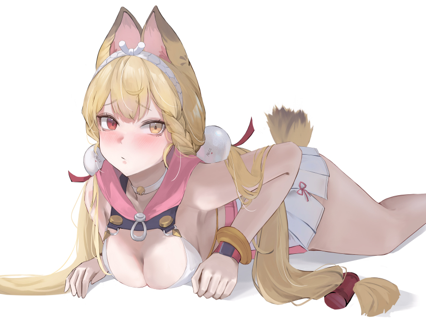 1girl alice_thymefield alice_thymefield_(sea_of_thyme) animal_ears bangle bare_arms bare_legs bare_shoulders blonde_hair blush bracelet breasts casual_one-piece_swimsuit choker cleavage closed_mouth commentary feet_out_of_frame hair_ornament hairband heterochromia highres jewelry long_hair looking_at_viewer low_twintails lying medium_breasts nononae official_alternate_costume on_stomach one-piece_swimsuit pendant_choker pink_one-piece_swimsuit rabbit_ears rabbit_girl rabbit_tail raised_eyebrows red_eyes shadow simple_background solo sphere_hair_ornament swimsuit tail twintails two-tone_one-piece_swimsuit very_long_hair white_background white_choker white_hairband white_one-piece_swimsuit wristband yellow_eyes zenless_zone_zero