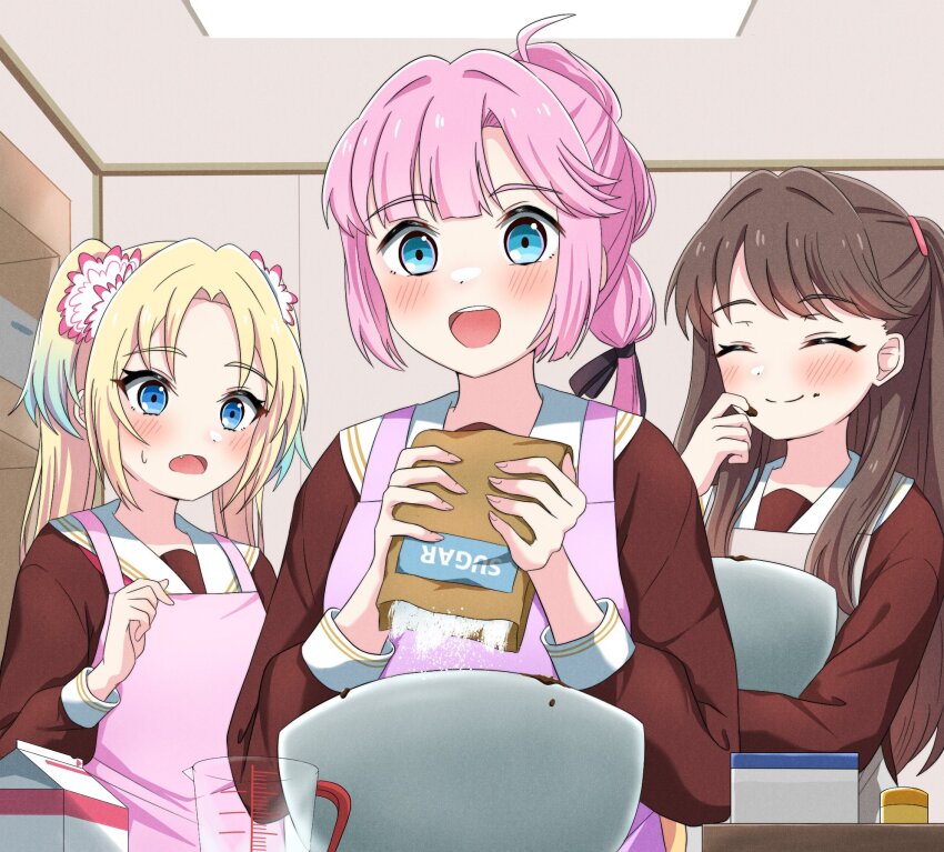 3girls :d ^_^ ahoge anyoji_hime apron black_ribbon blonde_hair blue_eyes blue_hair blunt_bangs blush bowl brown_dress brown_hair chocolate_making closed_eyes closed_mouth commentary_request d: dress fang flower food food_on_face food_on_hand fujishima_megumi gradient_hair grey_apron hair_flower hair_intakes hair_ornament hair_ribbon hasu_no_sora_school_uniform highres holding holding_bowl indoors katanashi_(ktnsh_popu) link!_like!_love_live! long_hair long_sleeves looking_at_another love_live! milk_carton mira-cra_park! mixing_bowl multi-tied_hair multicolored_hair multiple_girls neckerchief open_mouth osawa_rurino parted_bangs pink_apron pink_flower pink_hair ponytail purple_apron red_neckerchief ribbon sailor_collar sailor_dress school_uniform sidelocks smile split_mouth granulated_sugar swept_bangs teeth twintails two_side_up upper_body upper_teeth_only very_long_hair virtual_youtuber white_sailor_collar winter_uniform worried
