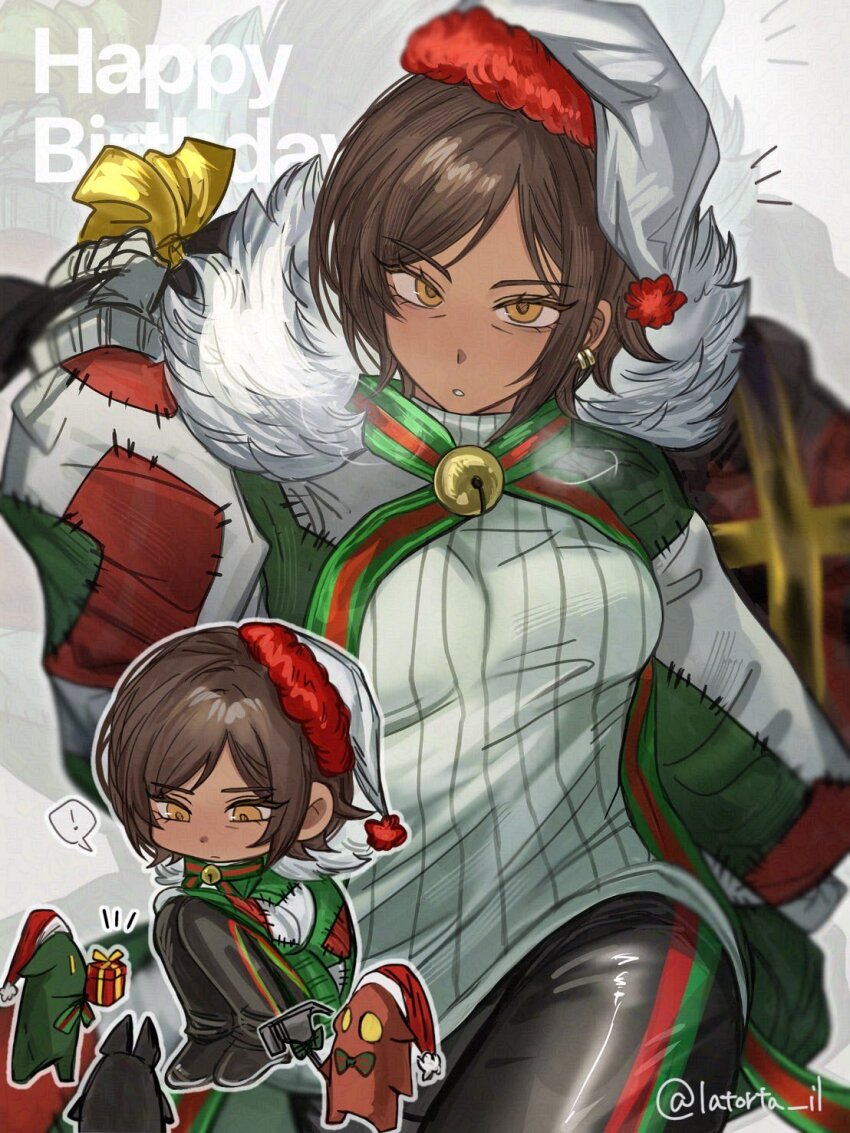 1girl bell bow bowtie brown_eyes brown_hair cowboy_shot e.g.o_(project_moon) ear_piercing gnome_(project_moon) hammer happy_birthday hat highres holding holding_hammer holding_sack holiday_(e.g.o) jingle_bell knees_up latorta_il limbus_company looking_at_viewer nightcap notice_lines open_mouth outis_(project_moon) piercing project_moon ribbed_sweater sack short_hair sitting solo striped_bow striped_bowtie striped_clothes sweater white_hat white_sweater