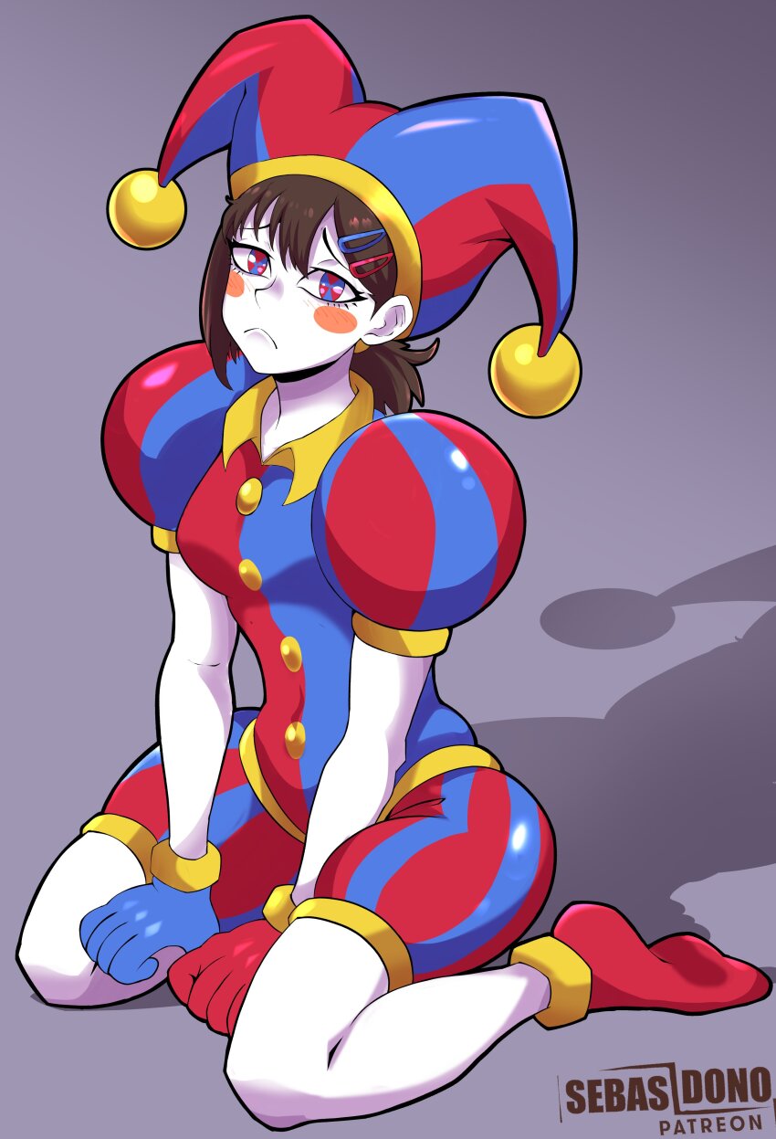 1girl absurdres asymmetrical_gloves blue_gloves blush_stickers bodypaint breasts brown_hair chainsaw_man commentary_request cosplay gloves hair_ornament hairclip hat higashiyama_kobeni highres jester jester_cap looking_at_viewer medium_breasts mismatched_gloves multicolored_eyes pomni_(the_amazing_digital_circus) pomni_(the_amazing_digital_circus)_(cosplay) puffy_short_sleeves puffy_sleeves purple_background red_gloves red_socks sebasdono short_sleeves shorts simple_background sitting socks solo striped the_amazing_digital_circus two-tone_eyes wariza