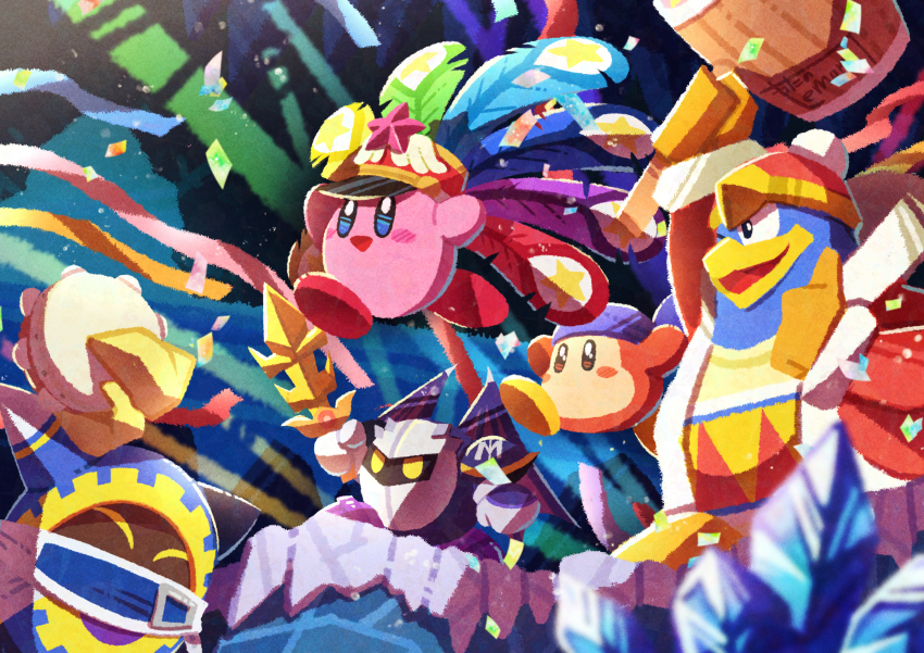 absurdres armor bandana bandana_waddle_dee bat_wings blue_bandana colored_skin confetti disembodied_hand festival_kirby galaxia_(sword) gloves highres holding holding_sword holding_weapon instrument king_dedede kirby kirby&#039;s_return_to_dream_land_deluxe kirby_(series) magolor meta_knight nintendo no_humans pauldrons pink_skin rayman_limbs shoulder_armor solid_oval_eyes star_(symbol) sword tambourine watawata22 weapon wings yellow_eyes yellow_gloves