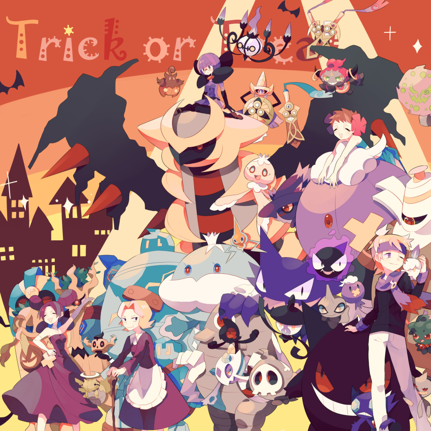 absurdres aegislash agatha_(pokemon) apron arm_up banette black_gloves blonde_hair brown_hair cane chandelure closed_eyes cofagrigus doublade dress drifloon dusclops dusknoir duskull fantina_(pokemon) flower frillish frillish_(female) gastly gen_1_pokemon gen_2_pokemon gen_3_pokemon gen_4_pokemon gen_5_pokemon gen_6_pokemon gengar giratina glasses gloves golett golurk gourgeist hair_flower hair_ornament hand_on_own_hip haunter headband highres holding holding_cane honedge hoopa jellicent jellicent_(male) lampent legendary_pokemon litwick midriff misdreavus mismagius morty_(pokemon) mythical_pokemon nagatsukiariake nintendo one_eye_closed open_mouth phantump phoebe_(pokemon) pink_flower pokemon pokemon_(creature) pokemon_bw pokemon_dppt pokemon_frlg pokemon_hgss pokemon_rse pumpkaboo purple_dress purple_gloves purple_hair purple_headband purple_scarf purple_skirt quad_tails rotom round_eyewear scarf shauntal_(pokemon) shedinja short_hair shuppet skirt smile spiritomb teavert trick_or_treat waist_apron yamask