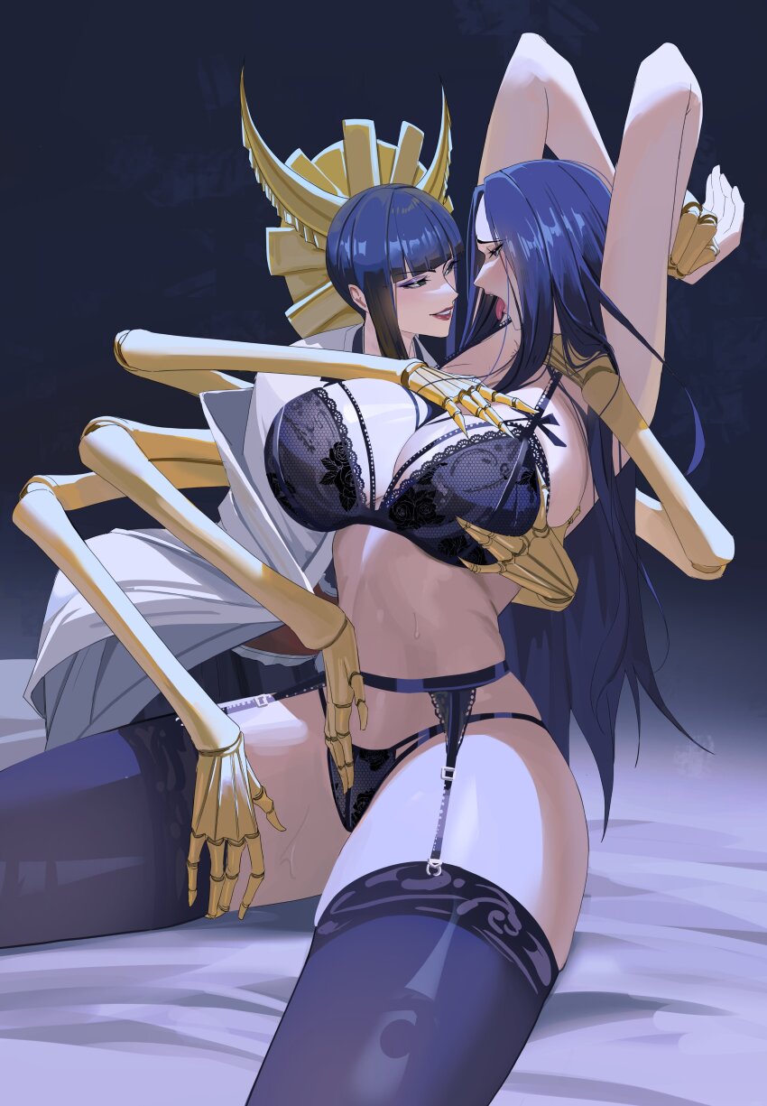 2girls absurdres ahegao alternate_breast_size_(larger) arms_behind_head arms_up black_bra black_hair black_panties black_thighhighs bleach bleach:_sennen_kessen-hen blue_light bra breasts cleavage female_focus frilled_bra frills garter_belt garter_straps grabbing_another&#039;s_breast groping highres huge_breasts lingerie long_hair looking_at_another mechanical_arms multiple_girls panties rasipan restrained shutara_senjumaru thighhighs tongue tongue_out underwear underwear_only unohana_retsu very_long_hair yuri