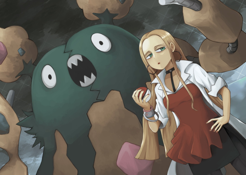 145web 1girl black_choker black_skirt blonde_hair bracelet choker commentary dynamax_band earrings garbodor gen_5_pokemon green_eyes hand_on_own_hip hexagon_earrings holding holding_poke_ball hoop_earrings jacket jewelry lab_coat long_hair nail_polish nintendo oleana_(pokemon) open_clothes open_jacket open_mouth poke_ball poke_ball_(basic) pokemon pokemon_(creature) pokemon_swsh red_nails red_shirt sharp_teeth shirt skirt teeth white_jacket