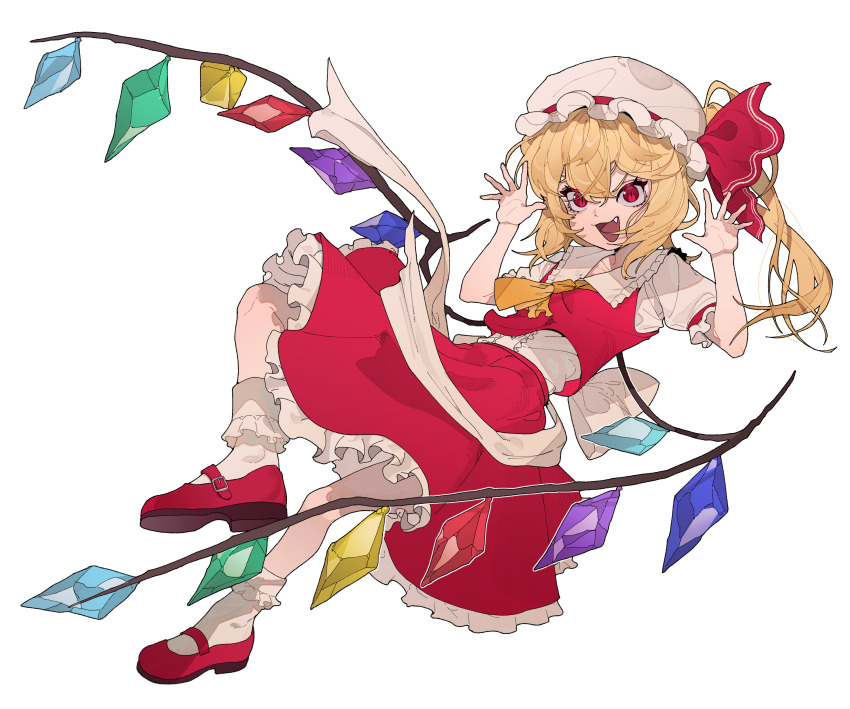 1girl absurdres ascot back_bow bobby_socks bow center_frills commentary crystal crystal_wings fang fingernails flandre_scarlet frilled_shirt_collar frilled_skirt frilled_sleeves frilled_socks frills full_body hands_up hat hat_bow highres long_hair looking_at_viewer mary_janes mob_cap open_mouth puffy_short_sleeves puffy_sleeves red_bow red_eyes red_shoes red_skirt red_vest shimiya_jin shirt shoes short_sleeves side_ponytail skirt skirt_set smile socks solo touhou vest white_background white_bow white_hat white_shirt white_socks wings yellow_ascot