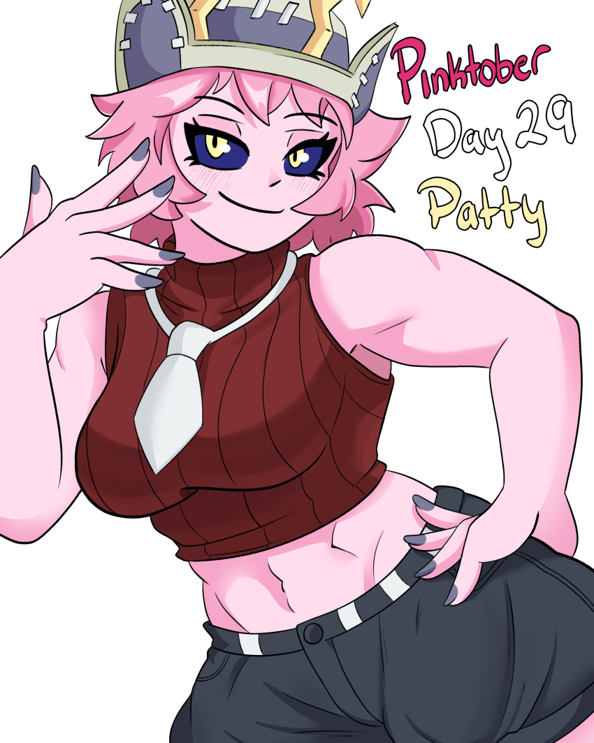 1girl absurdres acidart artist_name ashido_mina black_sclera boku_no_hero_academia colored_sclera colored_skin cosplay female_focus highres horns midriff necktie pink_hair pink_skin solo white_necktie yellow_eyes yellow_horns