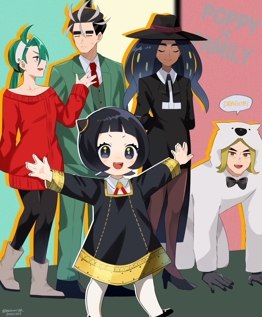 2boys 3girls :d ahoge all_fours anya_(spy_x_family) anya_(spy_x_family)_(cosplay) black_footwear black_hair black_headwear black_pants blonde_hair bond_(spy_x_family) bond_(spy_x_family)_(cosplay) boots closed_eyes closed_mouth collared_shirt commentary_request cosplay geeta_(pokemon) genjitsu_o_miro green_hair green_jacket green_pants grey_footwear hairband hand_up hassel_(pokemon) hat high_heels highres jacket larry_(pokemon) long_hair long_sleeves multiple_boys multiple_girls necktie nintendo open_mouth outstretched_arms pants pantyhose pokemon pokemon_sv ponytail poppy_(pokemon) red_eyes red_necktie red_sweater rika_(pokemon) shirt shoes short_hair smile speech_bubble spy_x_family standing sweater twilight_(spy_x_family) twilight_(spy_x_family)_(cosplay) white_hairband white_pantyhose white_shirt yor_briar yor_briar_(cosplay)