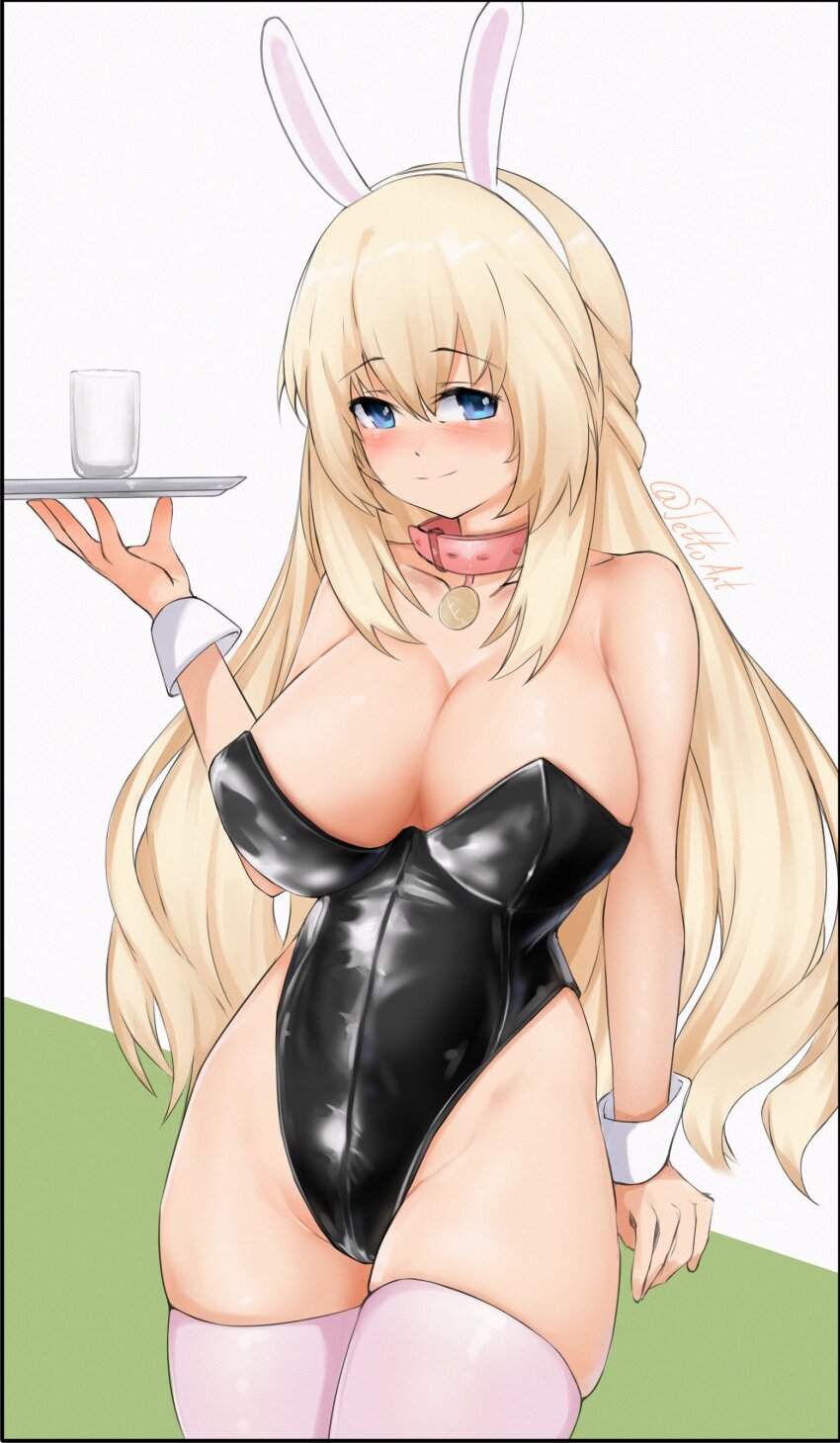 1girl arm_support artist_name blonde_hair blue_eyes blush breasts cleavage highres jetkerbal large_breasts legs leotard long_hair looking_at_viewer milk neptune_(series) playboy_bunny rabbit_ears sitting smile solo thick_thighs thighs vert_(neptunia) very_long_hair