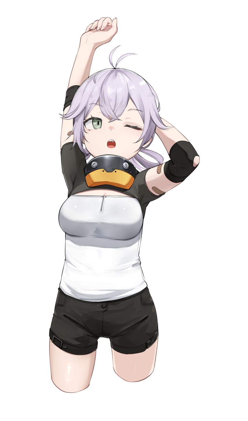 1girl absurdres bandaid black_shorts breasts cascadia_(neural_cloud) covered_armpit cowboy_shot cropped_legs daebom girls&#039;_frontline girls&#039;_frontline_neural_cloud green_eyes grey_hair highres medium_hair one_eye_closed sharp_teeth shirt short_shorts shorts solo stretching teeth white_background white_shirt