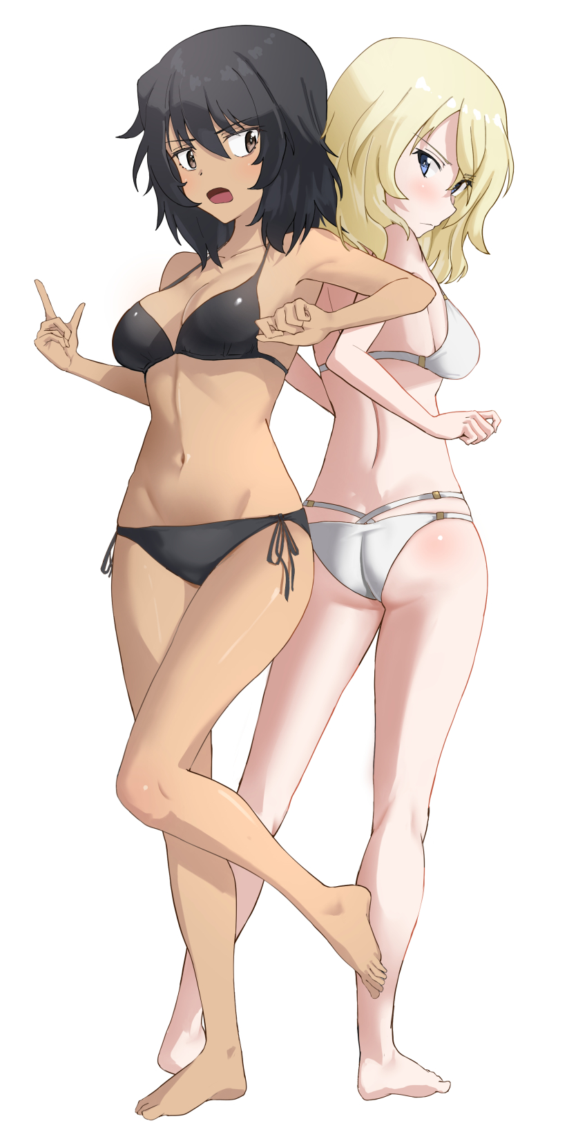 2girls absurdres andou_(girls_und_panzer) ass bikini black_bikini black_hair blonde_hair blue_eyes blush breasts brown_eyes closed_mouth girls_und_panzer highres large_breasts lazurite_(user_8870367) looking_at_another looking_back medium_hair multiple_girls open_mouth oshida_(girls_und_panzer) simple_background swimsuit white_background white_bikini