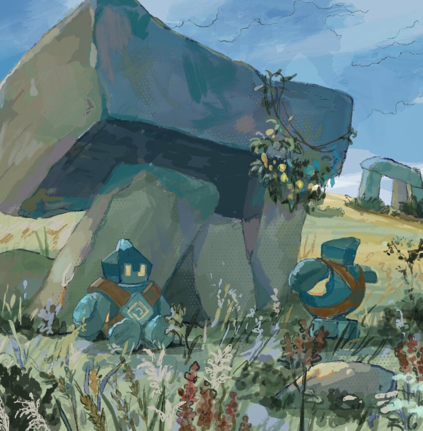 boulder day flower gen_5_pokemon golett grass highres nintendo no_humans outdoors plant pokemon pokemon_(creature) rock sakusakufugashi scenery sitting sky standing yellow_eyes