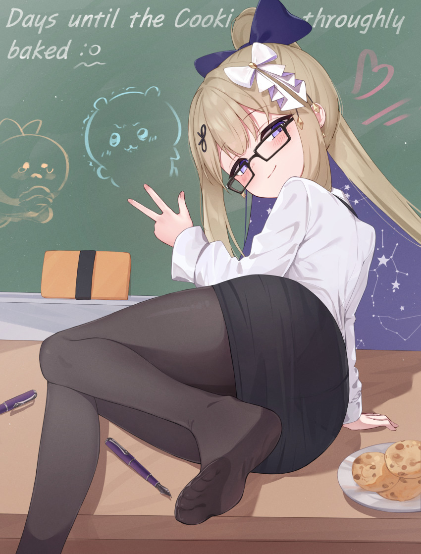 1girl alternate_costume alternate_hairstyle amanogawa_shiina ass bitseon black_pantyhose black_skirt blonde_hair blue_bow blush bow chalkboard chiikawa chiikawa_(character) closed_mouth collared_shirt colored_inner_hair commentary commission constellation cookie desk english_commentary english_text feet food glasses hair_bow high_ponytail highres long_hair long_sleeves looking_at_viewer multicolored_hair narrowed_eyes no_shoes on_desk panties_visible_through_clothes pantyhose pen pencil_skirt phase_connect plate ponytail purple_eyes purple_hair scissors_hair_ornament shirt sitting skirt smirk soles solo starry_hair teacher toes two-tone_hair v very_long_hair virtual_youtuber white_bow white_shirt