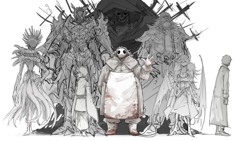 1girl 6+boys apron beard blood blood_on_clothes blot_plot boots butcher cloak commentary_request crossed_arms facial_hair greyscale grin height_difference hood hood_up hooded_cloak hyuba_(kankan33333) jemiru_(kankan33333) kankan33333 karune_(kankan33333) long_hair looking_at_viewer looking_to_the_side mask monochrome monster monster_boy monster_girl multiple_boys original short_hair simple_background sketch skull smile spot_color standing waving white_background