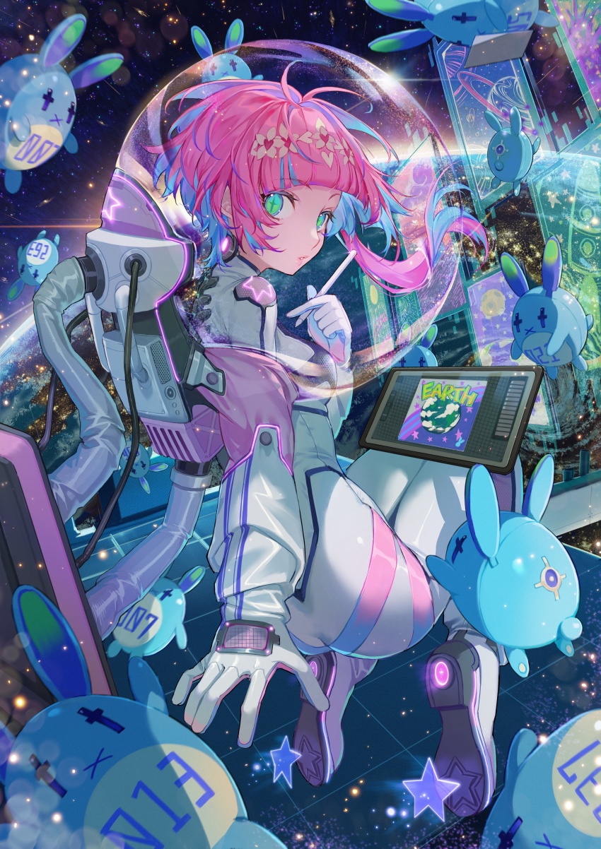 1girl absurdres animal_ears ass blunt_bangs bodysuit breasts city_lights drawing_tablet earth_(planet) floating floating_hair flower full_body gloves gradient_eyes hair_flower hair_ornament helmet highres holding holding_pen lens_flare looking_at_viewer looking_back medium_breasts multicolored_eyes number_print original parted_lips pen pink_hair pixiv planet rabbit rabbit_ears screen short_hair soono_(rlagpfl) space space_helmet spacesuit star_(symbol) symbol-shaped_pupils three_quarter_view tube white_bodysuit
